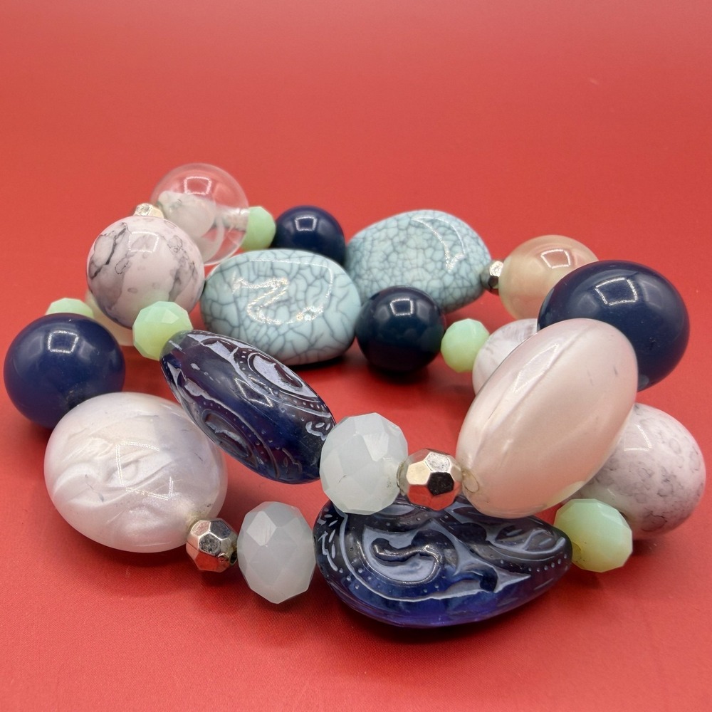 Chunky Beaded Stretch Bracelet Blue Pink Mint Paisley Boho Statement Jewelry